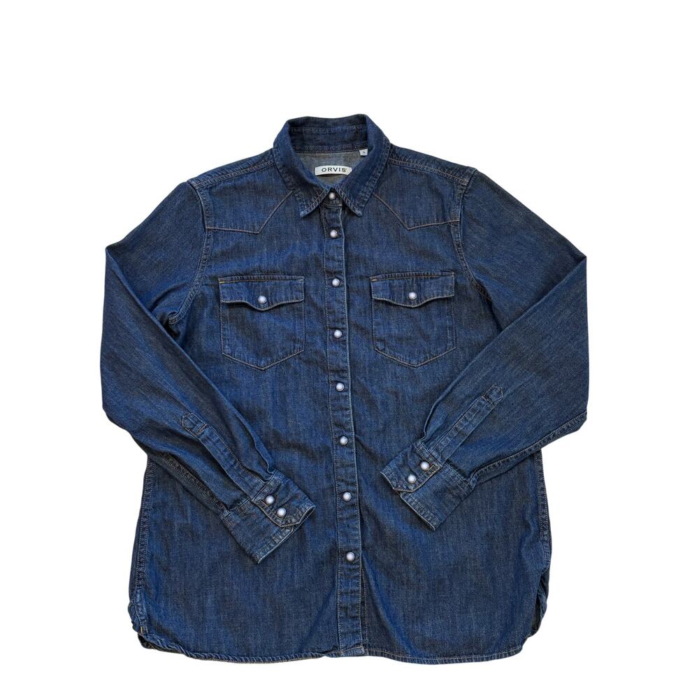 Orvis Western Jean Shirt Mens Sz Small Blue Pearl Snap Denim Long Sleeve Cowboy